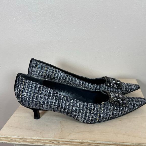Stuart Weitzman Kitten Heels Tweed Crystal Rhinestone Embellished Pointed Toe 8 - Picture 4 of 9